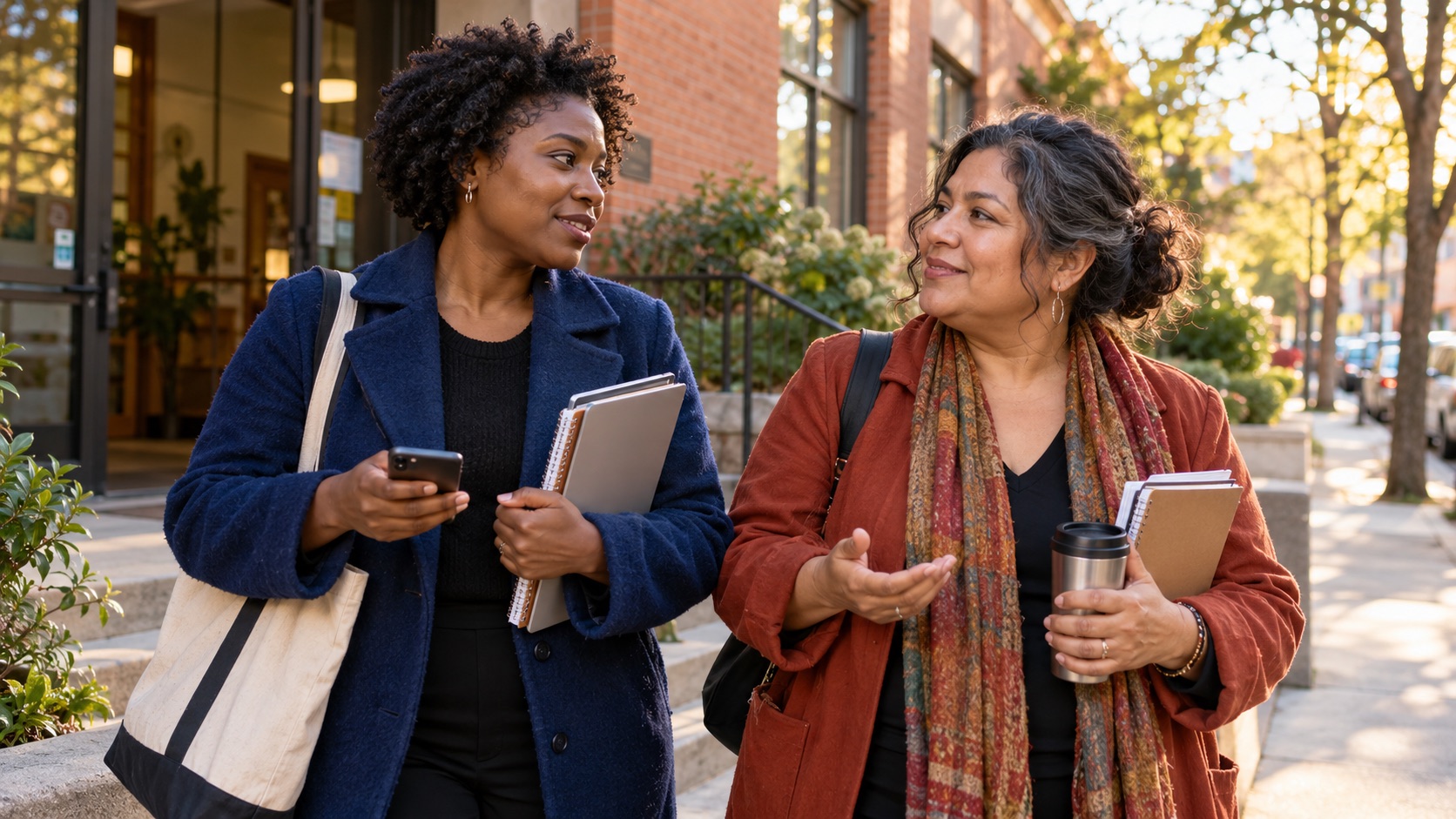 Two working doulas talk outside a community resource center.