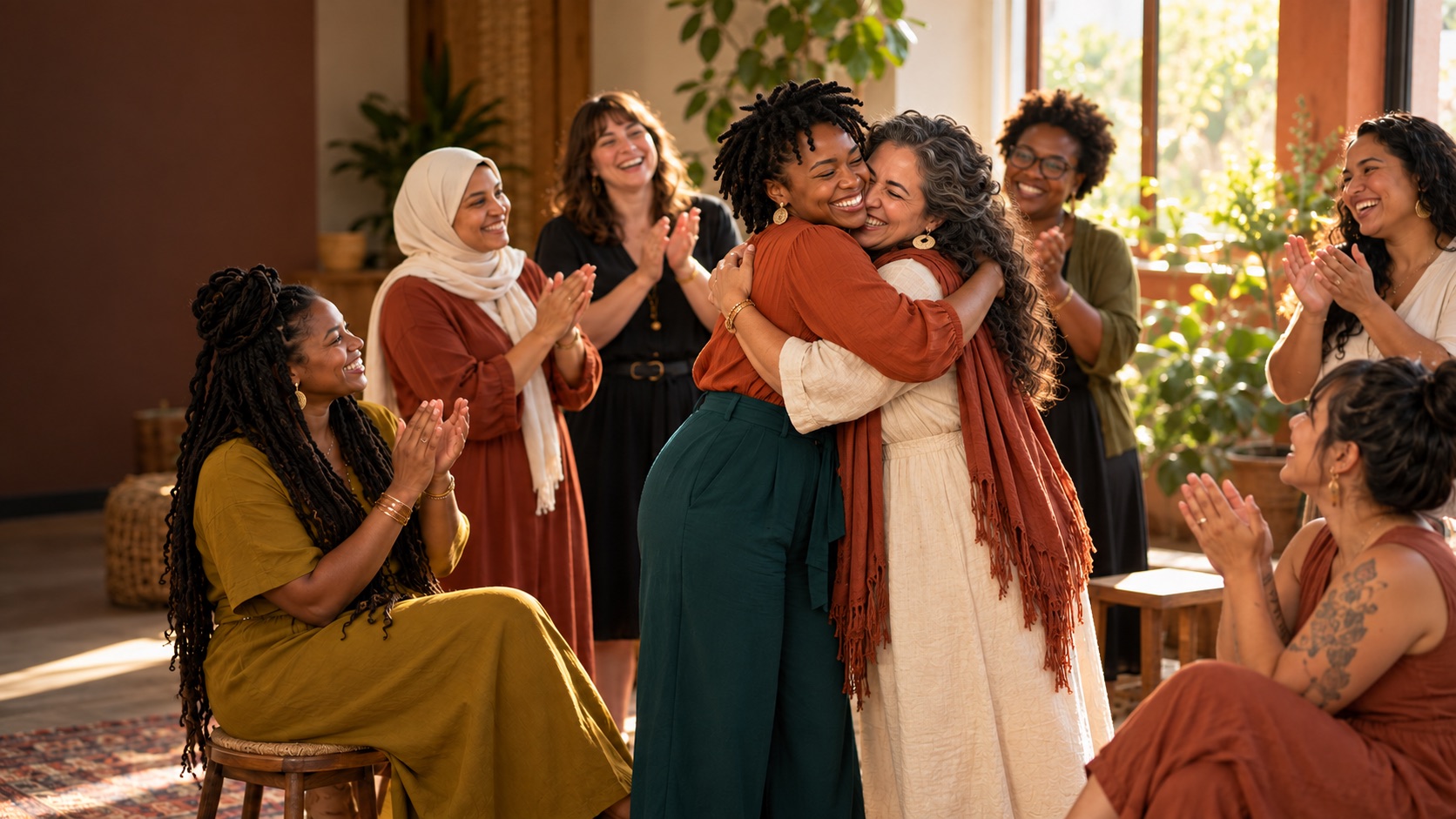 A doula receives a graduation folder while her cohort applauds.