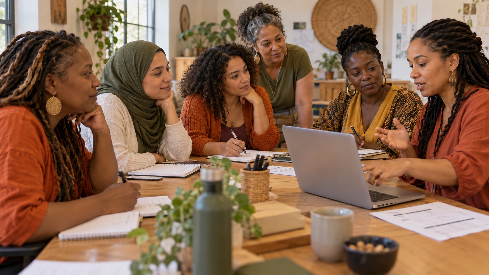 Doulas and a trainer work through a documentation example together at a table.